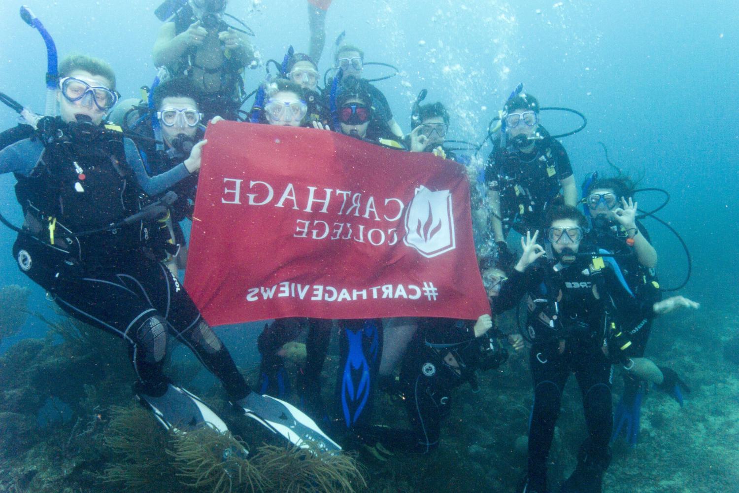 学生们手持<a href='http://j7h4.ngskmc-eis.net'>博彩网址大全</a>旗帜，在j学期洪都拉斯游学之旅中潜水.